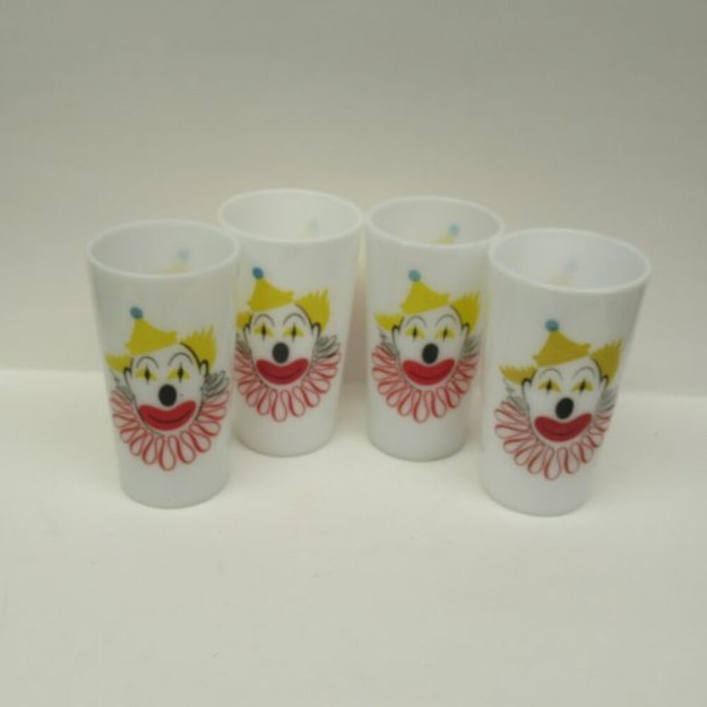 Hazel Atlas Glass Milk White 5 Inch High CLOWN Tumblers, Set of Four